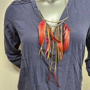 Unbranded Feather Fringe Statement Necklace Women OS Red Boho Tribal Silver Tone
